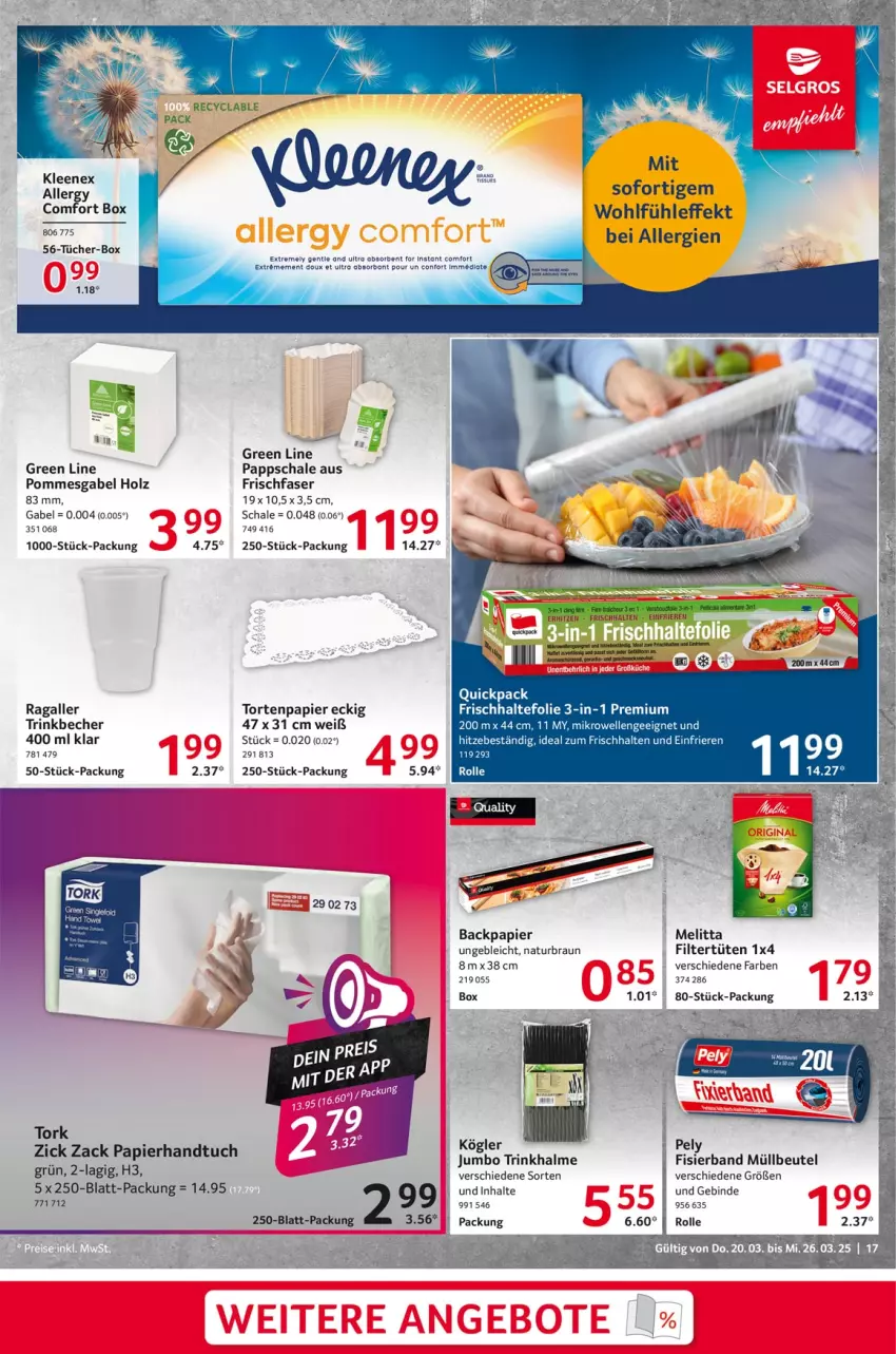 Aktueller Prospekt Selgros - Food - von 20.03 bis 26.03.2025 - strona 17 - produkty: Becher, beutel, braun, elle, frischhaltefolie, gabel, handtuch, Holz, jumbo, melitta, mikrowelle, müllbeutel, natur, papier, pely, pommes, Schal, Schale, Ti, torte, trinkbecher, Trinkhalme, tuc, tücher, Tüte