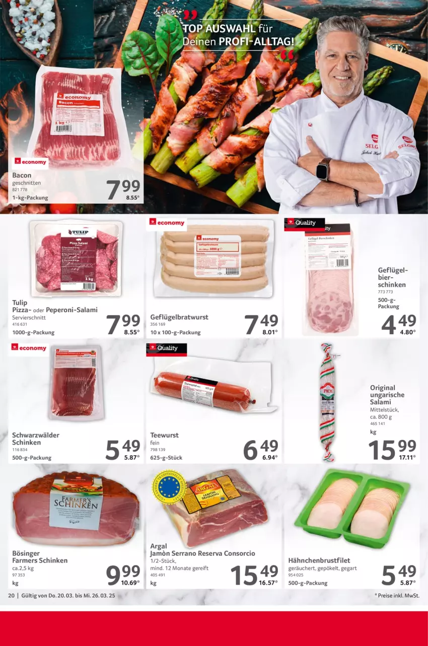 Aktueller Prospekt Selgros - Food - von 20.03 bis 26.03.2025 - strona 20 - produkty: bacon, bier, bratwurst, brustfilet, eis, filet, Geflügel, gin, hähnchenbrust, hähnchenbrustfilet, peperoni, Peroni, pizza, reis, salami, schinken, schnitten, schwarzwälder schinken, serrano, tee, teewurst, Ti, tulip, Ungarische Salami, wurst