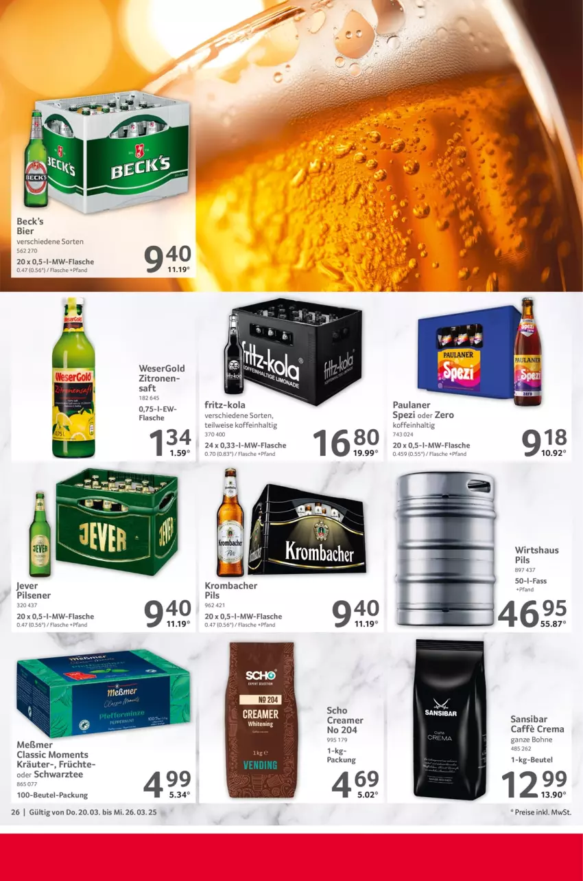 Aktueller Prospekt Selgros - Food - von 20.03 bis 26.03.2025 - strona 26 - produkty: beutel, bier, bohne, caffe, eis, flasche, fritz, fritz-kola, früchte, jever, jever pilsener, kräuter, krombache, krombacher, krombacher pils, Meßmer, mw-flasche, Paula, paulaner, pils, pilsener, reis, saft, Spezi, tee, Ti, zitrone, zitronen, ZTE