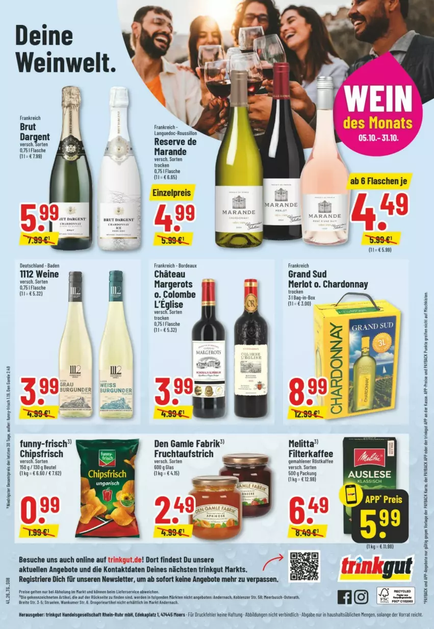 Aktueller Prospekt Trinkgut - Prospekte - von 04.10 bis 10.10.2026 - strona 10 - produkty: angebot, angebote, aufstrich, Bad, bag-in-box, beutel, Brei, brut, brut dargent, burgunder, chardonnay, chips, chipsfrisch, deka, den gamle, eis, elle, filterkaffee, flasche, frucht, fruchtaufstrich, funny-frisch, grand sud, kaffee, lieferservice, melitta, merl, merlot, payback, reifen, reis, röstkaffee, Ti, wein, weine, ZTE