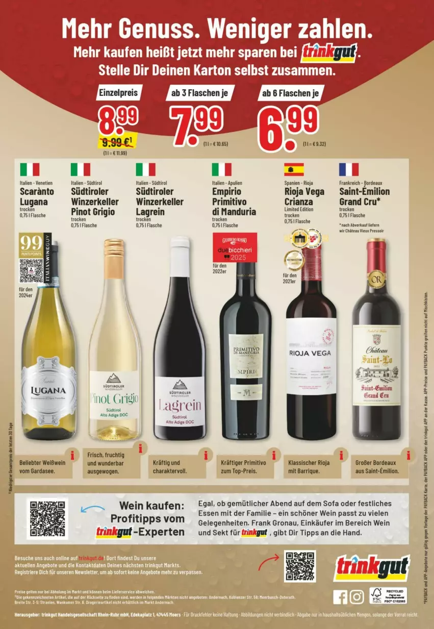 Aktueller Prospekt Trinkgut - Prospekte - von 04.10 bis 10.10.2026 - strona 18 - produkty: eis, elle, flasche, frucht, lion, nuss, payback, Pinot, pinot grigio, primitivo, reifen, reis, Ria, rioja, sekt, Sofa, südtiroler, Ti, top-preis, wein, Weißwein