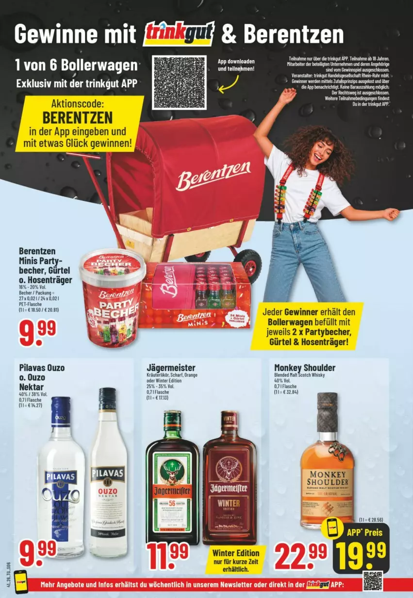 Aktueller Prospekt Trinkgut - Prospekte - von 04.10 bis 10.10.2026 - strona 8 - produkty: Becher, berentzen, bollerwagen, eis, flasche, Germ, hose, hosen, jägermeister, kräuter, kräuterlikör, likör, Meister, orange, ouzo, pet-flasche, scotch, scotch whisky, Ti, whisky