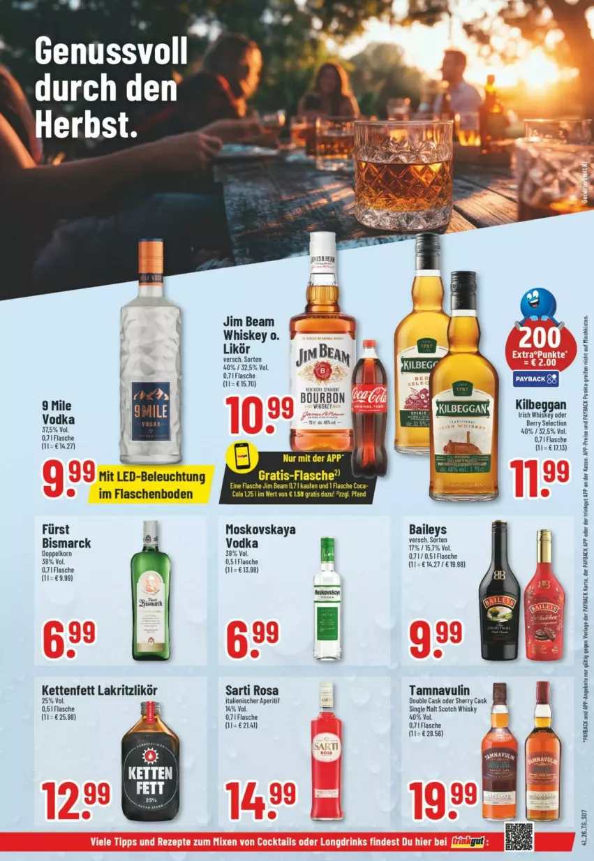 Aktueller Prospekt Trinkgut - Prospekte - von 04.10 bis 10.10.2026 - strona 9 - produkty: angebot, angebote, aperitif, baileys, beleuchtung, bismarck, cola, doppelkorn, eis, flasche, irish whiskey, jim beam, kilbeggan, korn, led-beleuchtung, likör, mit led-beleuchtung, moskovskaya, nuss, payback, reifen, reis, scotch, scotch whisky, single malt, Ti, vodka, whiskey, whisky