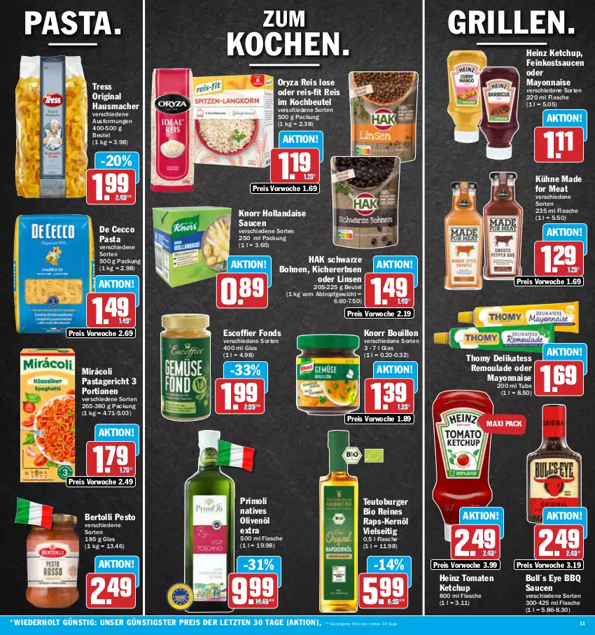 Aktueller Prospekt Aez - Prospekte - von 15.05 bis 20.05.2023 - strona 11 - produkty: bertolli, beutel, bio, bohne, bohnen, burger, De Cecco, ecco, eis, erbsen, feinkost, flasche, gin, grill, Hausmacher, heinz, hollandaise, ketchup, kichererbsen, knorr, kochbeutel, Kühne, linsen, mac, mayonnaise, Mirácoli, natives olivenöl, olive, oliven, olivenöl, olivenöl extra, oryza, pasta, Pastagericht, pesto, reis, reis-fit, remoulade, sauce, saucen, thomy, Ti, tomate, tomaten, tomaten ketchup, Yo, ZTE