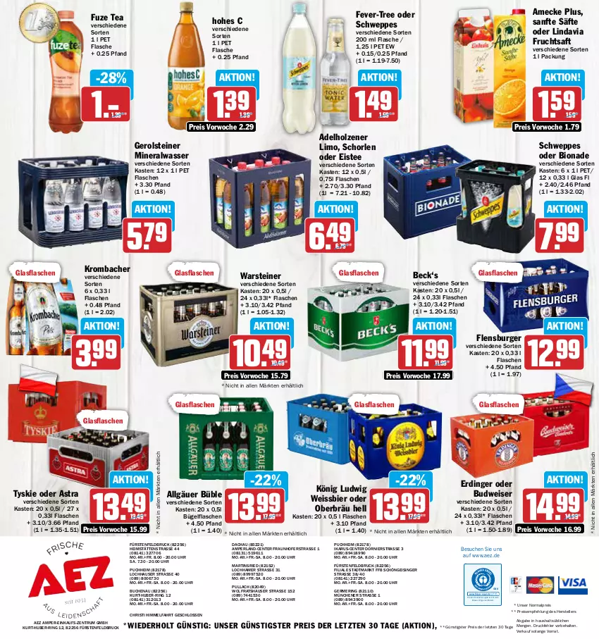 Aktueller Prospekt Aez - Prospekte - von 15.05 bis 20.05.2023 - strona 16 - produkty: adelholzener, AEZ, Alwa, amecke, Astra, bier, bio, bionade, buch, budweiser, bügel, bügelflasche, burger, drucker, eis, eistee, elle, Engel, ente, erdinger, fever-tree, fisch, flasche, flensburger, frucht, fruchtsaft, fuze tea, Germ, gerolsteine, gerolsteiner, glasflasche, Hohes C, Holz, kerze, krombache, krombacher, LG, limo, mineralwasser, perla, reis, ring, rum, saft, säfte, schorle, schweppes, steiner, tee, teller, Ti, tyskie, uhr, warsteiner, wasser, weissbier, ZTE