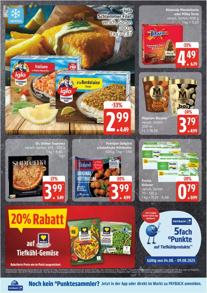 Aktueller Prospekt Edeka - Prospekte - von 04.08 bis 09.08.2025 - strona 12 - produkty: angebot, bordelaise, coupon, eis, filet, iglo, payback, reis, tesa, Ti, ZTE