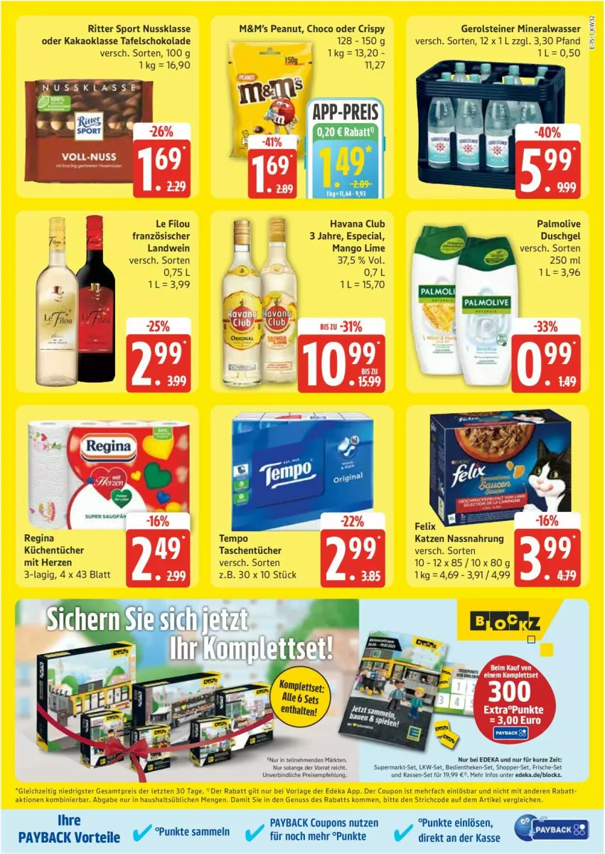 Aktueller Prospekt Edeka - Prospekte - von 04.08 bis 09.08.2025 - strona 15 - produkty: Alwa, coupon, coupons, deka, duschgel, eis, gerolsteine, gerolsteiner, gin, Havana Club, kakao, küche, Küchen, küchentücher, mango, mineralwasser, Nassnahrung, nuss, olive, palmolive, payback, reis, ritter, ritter sport, schoko, schokolade, Sport, steiner, tafelschokolade, Tasche, taschen, taschentücher, Tempo, Ti, tücher, wasser, wein, ZTE