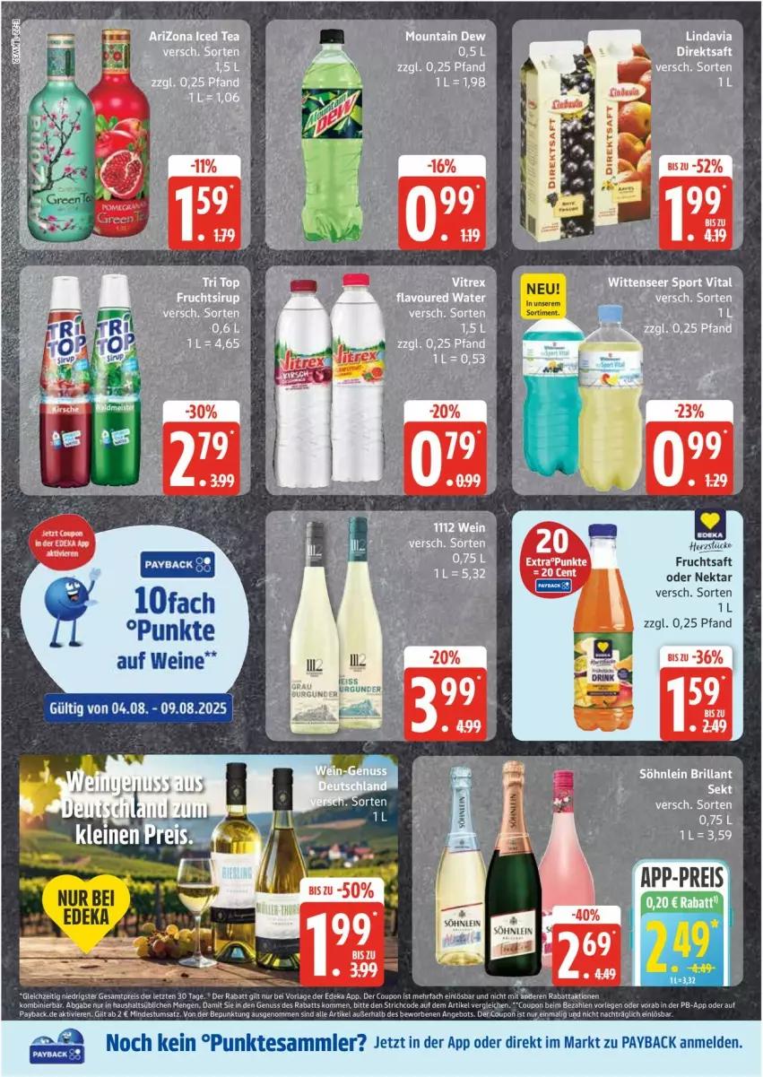 Aktueller Prospekt Edeka - Prospekte - von 04.08 bis 09.08.2025 - strona 22 - produkty: brillant sekt, eis, frucht, fruchtsaft, Kette, LG, Mountain Dew, Nektar, nuss, payback, reis, saft, sekt, söhnlein, söhnlein brillant, Sport, tesa, Ti, vita, wein, weine, ZTE