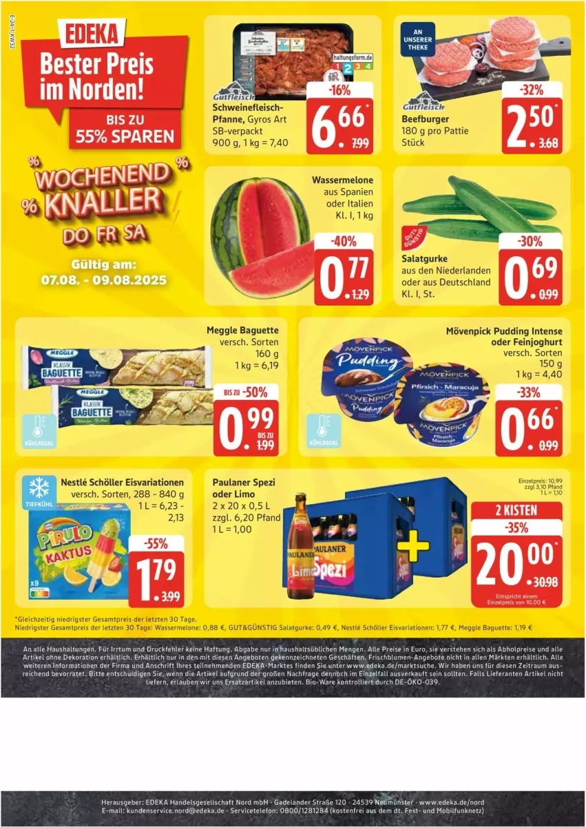 Aktueller Prospekt Edeka - Prospekte - von 04.08 bis 09.08.2025 - strona 24 - produkty: baguette, eis, feinjoghurt, fleisch, gurke, gyros, joghur, joghurt, LG, limo, meggle, melone, mövenpick, Paula, paulaner, pfanne, pudding, reis, Ria, salat, Salatgurke, Schöller, schwein, schweine, schweinefleisch, Spezi, Ti, wasser, wassermelone, wein, weine, ZTE
