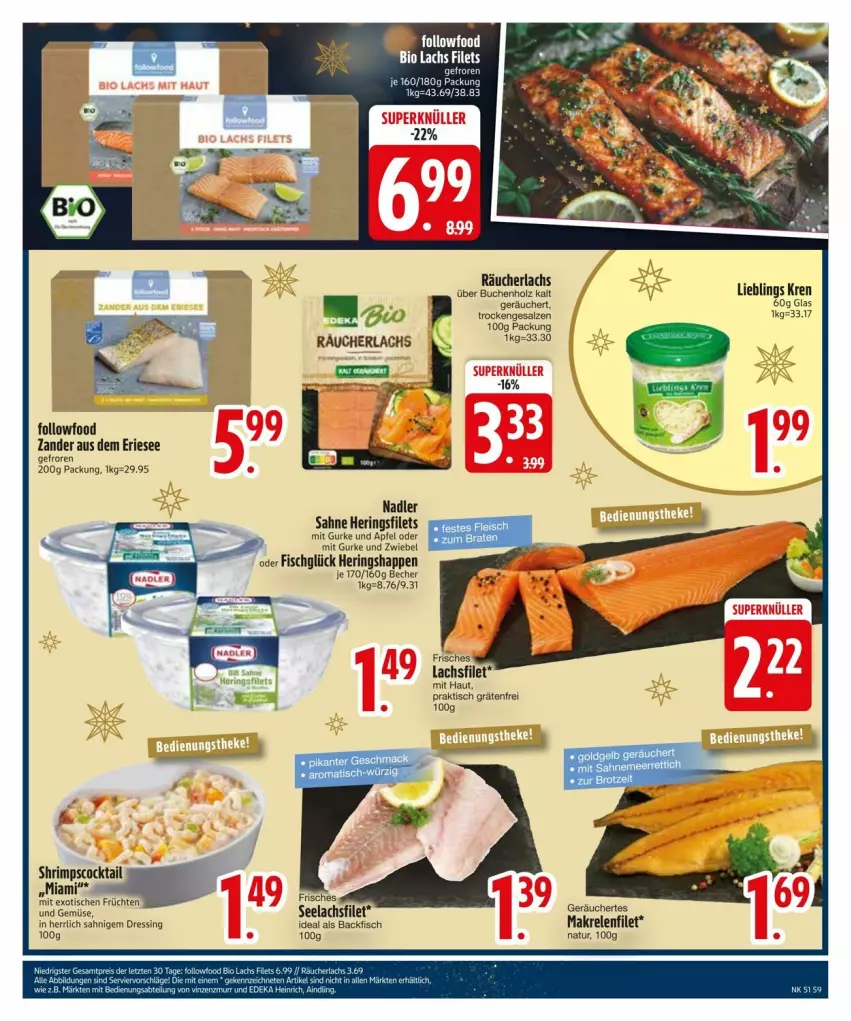 Aktueller Prospekt Edeka - Prospekte - von 16.12 bis 23.12.2024 - strona 11 - produkty: apfel, backfisch, Becher, braten, buch, dressing, filet, filets, fisch, früchte, früchten, gurke, hering, Herings, heringsfilets, Heringshappen, Holz, lachs, lachsfilet, mac, Makrele, nadler, natur, Rauch, Räucherlachs, rel, ring, sahne, salz, seelachsfilet, tee, Ti, tisch, und gemüse, Zander, zwiebel