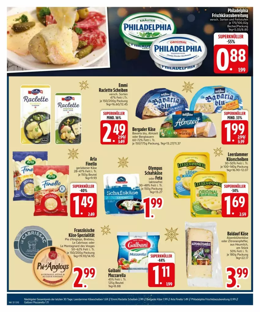 Aktueller Prospekt Edeka - Prospekte - von 16.12 bis 23.12.2024 - strona 12 - produkty: arla, auer, Bau, Bauer, bavaria blu, bergader, beutel, bio, Blüte, emmi, feta, finello, frischkäse, frischkäsezubereitung, Heu, heumilch, Käse, käsescheiben, leerdammer, milch, mozzarella, nerf, pfeffer, philadelphia, rel, Ria, sac, Spezi, zitrone, zitronen