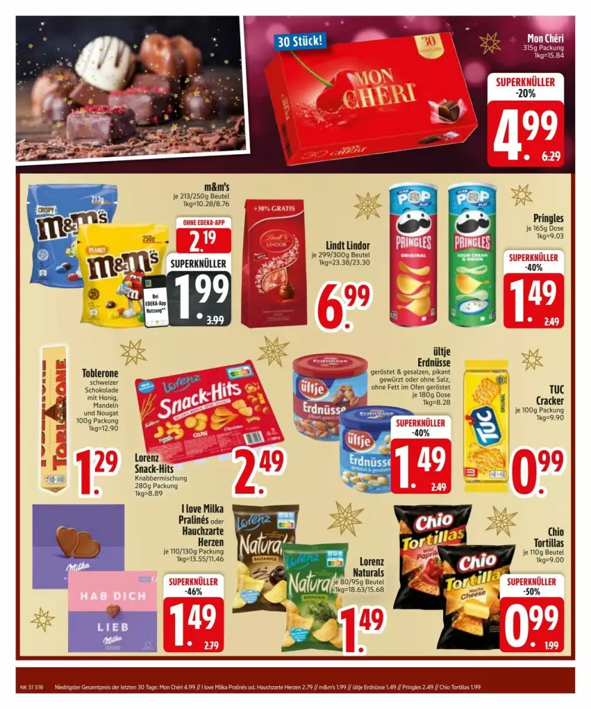 Aktueller Prospekt Edeka - Prospekte - von 16.12 bis 23.12.2024 - strona 20 - produkty: beutel, cracker, deka, eis, erdnüsse, gewürz, lindor, lindt, lorenz, milka, Ofen, pringles, reis, ring, salz, schoko, schokolade, snack, Ti, toblerone, tortilla, tortillas, tuc, ültje, ültje erdnüsse, ZTE