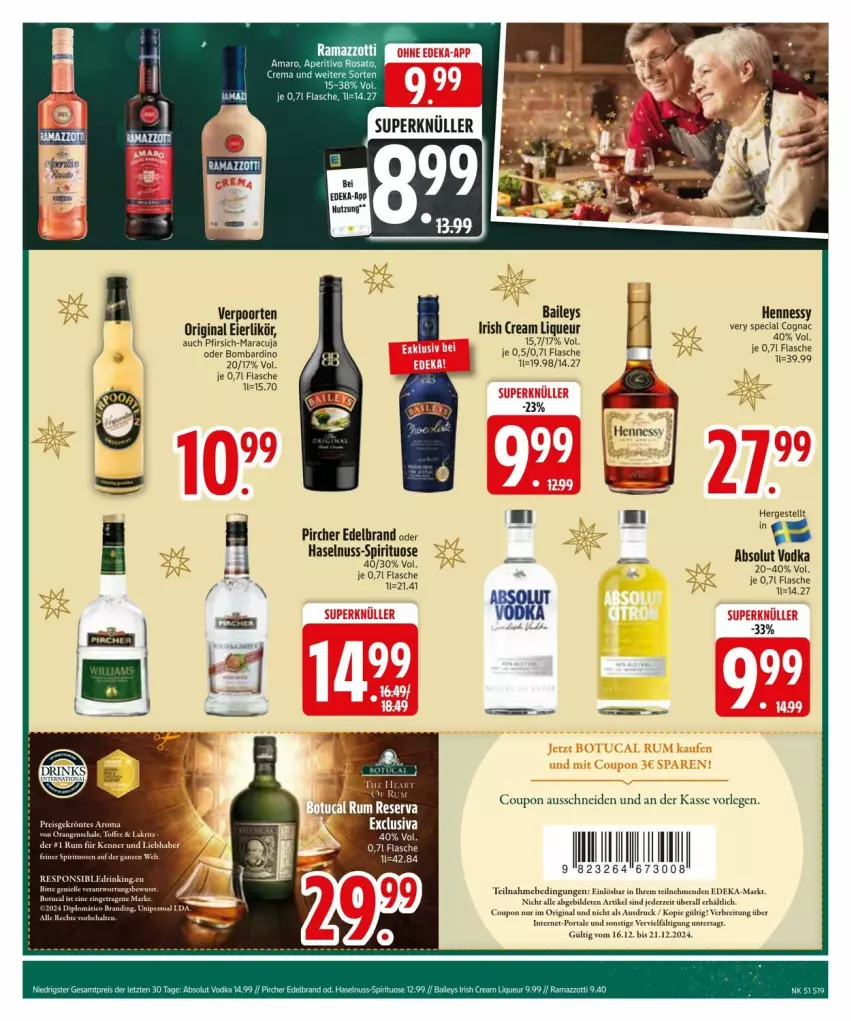 Aktueller Prospekt Edeka - Prospekte - von 16.12 bis 23.12.2024 - strona 21 - produkty: Absolut Vodka, amaro, aperitivo rosato, baileys, Brei, Cognac, coupon, deka, eier, eierlikör, flasche, gin, irish cream, likör, liqueur, maracuja, pfirsich, pircher, rama, ramazzott, ramazzotti, rosato, Ti, verpoorten, vodka, zott