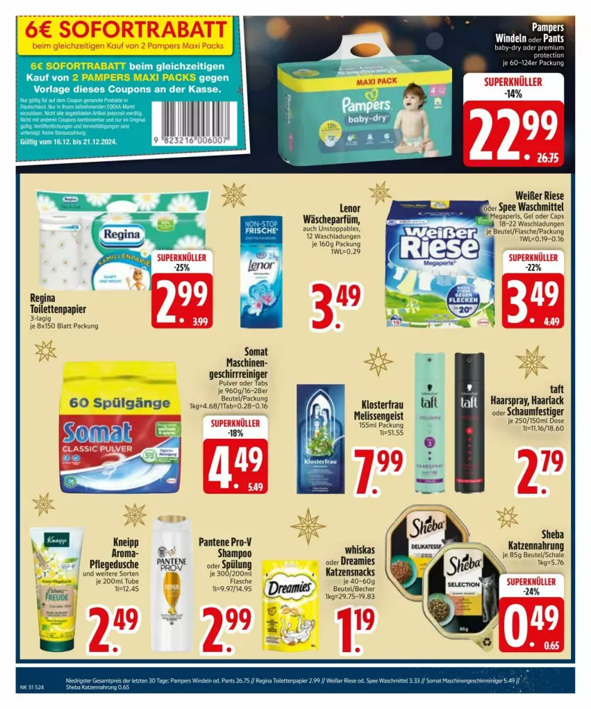 Aktueller Prospekt Edeka - Prospekte - von 16.12 bis 23.12.2024 - strona 26 - produkty: arla, baby-dry, Becher, beutel, Cap, dreamies, dusche, eis, flasche, geschirr, gin, Haarlack, haarspray, katzensnack, katzensnacks, lack, lenor, LG, oder schaumfestiger, pampers, pantene, pantene pro-v, pflegedusche, pro-v, reiniger, reis, Schal, Schale, schaumfestiger, shampoo, snack, snacks, sofortrabatt, somat, spülung, Taft, Ti, wäscheparfüm, whiskas, windeln, ZTE