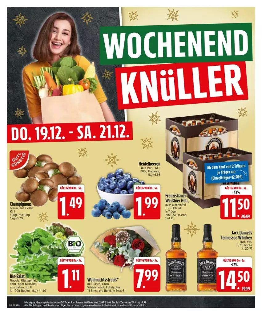 Aktueller Prospekt Edeka - Prospekte - von 16.12 bis 23.12.2024 - strona 28 - produkty: alkohol, beere, beeren, beutel, bier, blattspinat, braun, champignon, champignons, cola, eier, flasche, franziskaner, heidelbeere, heidelbeeren, jack daniel, jack daniel's, Kraut, rosen, rucola, salat, spinat, tennessee whiskey, Ti, whiskey, Zelt