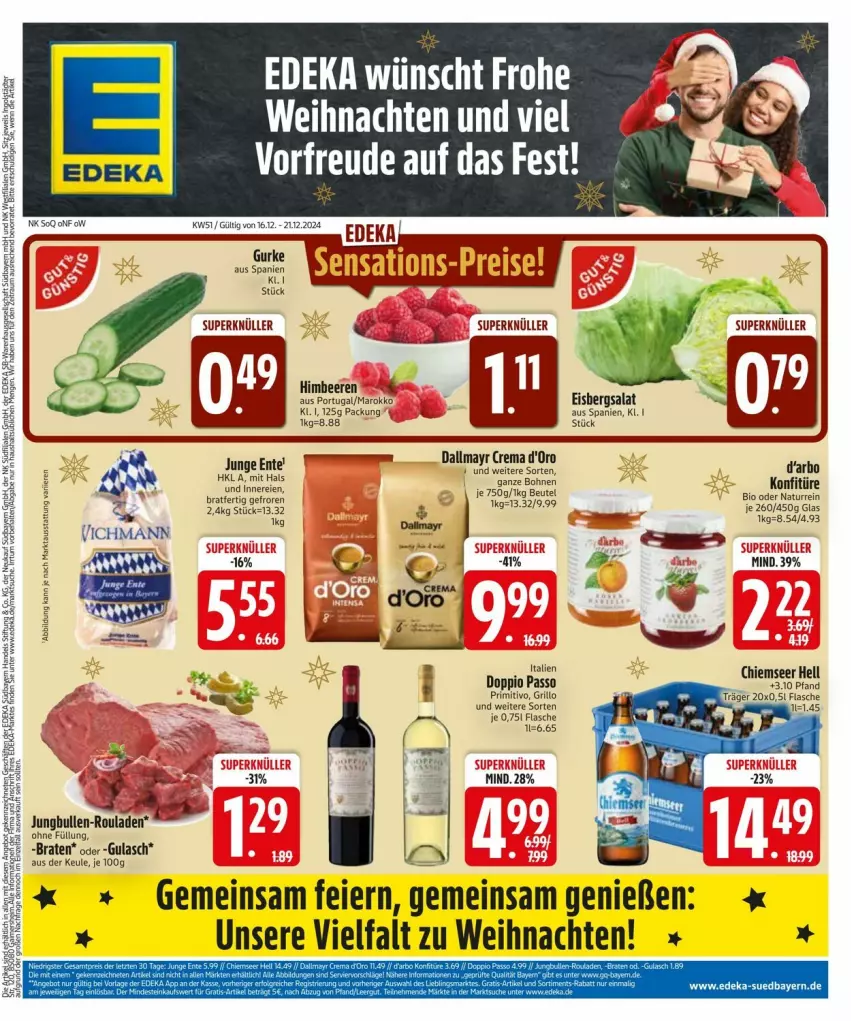 Aktueller Prospekt Edeka - Prospekte - von 16.12 bis 23.12.2024 - strona 3 - produkty: beere, beeren, beutel, bio, braten, d'oro, dallmayr, doppio passo, eier, eis, eisbergsalat, ente, flasche, grill, grillo, gulasch, himbeer, himbeere, himbeeren, jungbullen, konfitüre, natur, passo, primitivo, reis, rouladen, salat, sensations, Ti, weihnachten