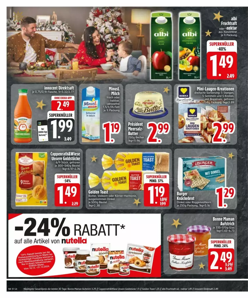 Aktueller Prospekt Edeka - Prospekte - von 16.12 bis 23.12.2024 - strona 6 - produkty: aufstrich, beutel, bonne maman, brezel, brot, butter, direktsaft, eier, flasche, frucht, fruchtsaft, golden toast, Innocent, knäckebrot, mam, Nektar, saft, salz, Semmel, Ti, toast, ZTE