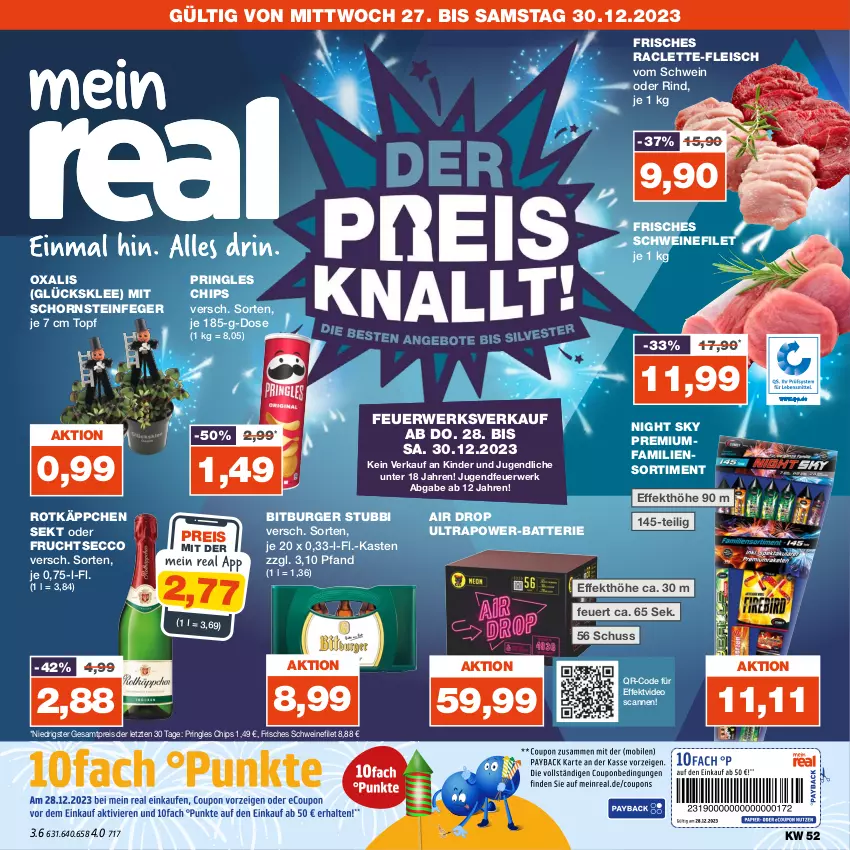 Aktueller Prospekt Real - von 25.12 bis 30.12.2023 - strona 1 - produkty: batterie, bitburger, burger, chips, deo, ecco, eis, filet, fleisch, frucht, fruchtsecco, glücksklee, Jugendfeuerwerk, Kinder, pringles, reis, rind, ring, rotkäppchen, rwe, Schornsteinfeger, schwein, schweine, schweinefilet, sekt, Ti, topf, wein, weine, ZTE