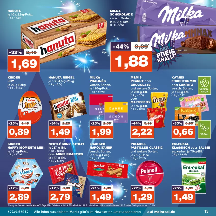 Aktueller Prospekt Real - von 25.12 bis 30.12.2023 - strona 13 - produkty: asti, cola, eis, frucht, fruchtgummi, hanuta, katjes, Kinder, kitkat, Lakritz, malteser, milka, milka schokolade, nestlé, oder lakritz, reis, riegel, schoko, schokolade, smarties, Ti, ZTE, zucker