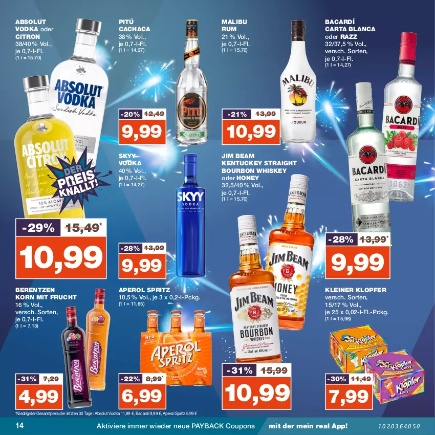 Aktueller Prospekt Real - von 25.12 bis 30.12.2023 - strona 14 - produkty: Absolut Vodka, aperol, berentzen, bourbon, bourbon whiskey, Cachaca, coupon, coupons, eis, frucht, jim beam, kleiner klopfer, korn, leine, Malibu, mit frucht, payback, reis, rum, skyy, Skyy Vodka, Ti, tuc, vodka, whiskey, ZTE