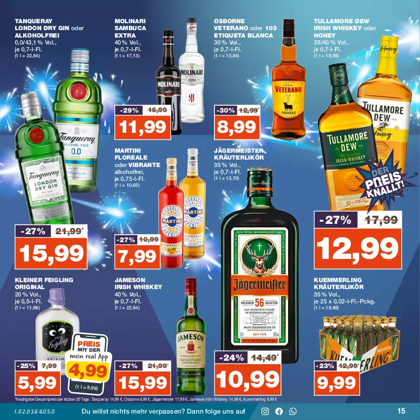 Aktueller Prospekt Real - von 25.12 bis 30.12.2023 - strona 15 - produkty: alkohol, dry gin, eis, Etiqueta Blanca, Germ, gin, irish whiskey, jägermeister, jameson, kleiner feigling, kräuter, kräuterlikör, kuemmerling, leine, LG, likör, london dry, london dry gin, loreal, martini, Meister, merl, Molinari, osborne, reis, sambuca, Tanqueray, Ti, tullamore, tullamore dew, veterano, whiskey, ZTE