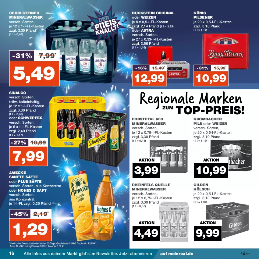 Aktueller Prospekt Real - von 25.12 bis 30.12.2023 - strona 16 - produkty: Alwa, amecke, Astra, Duck, eis, elle, Forstetal, gerolsteine, gerolsteiner, gin, Hohes C, könig pilsener, krombache, krombacher, krombacher pils, mineralwasser, pils, pilsener, reis, rheinfels quelle, saft, säfte, schweppes, sinalco, steiner, Ti, top-preis, wasser, ZTE