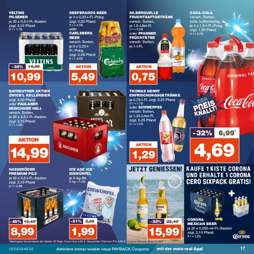 Aktueller Prospekt Real - von 25.12 bis 30.12.2023 - strona 17 - produkty: bier, carlsberg, carlsberg beer, coca-cola, cola, corona, coupon, coupons, desperados, eis, eiswürfel, elle, erfrischungsgetränk, erfrischungsgetränke, frucht, früchte, Früchtetee, fruchtsaft, fruchtsaftgetränk, getränk, getränke, hasseröder, kellerbier, Paula, paulaner, payback, pfanne, Pfanner, pils, pilsener, premium pils, reis, saft, schweppes, tee, thomas henry, Ti, veltins, veltins pilsener, WICK, würfel, ZTE