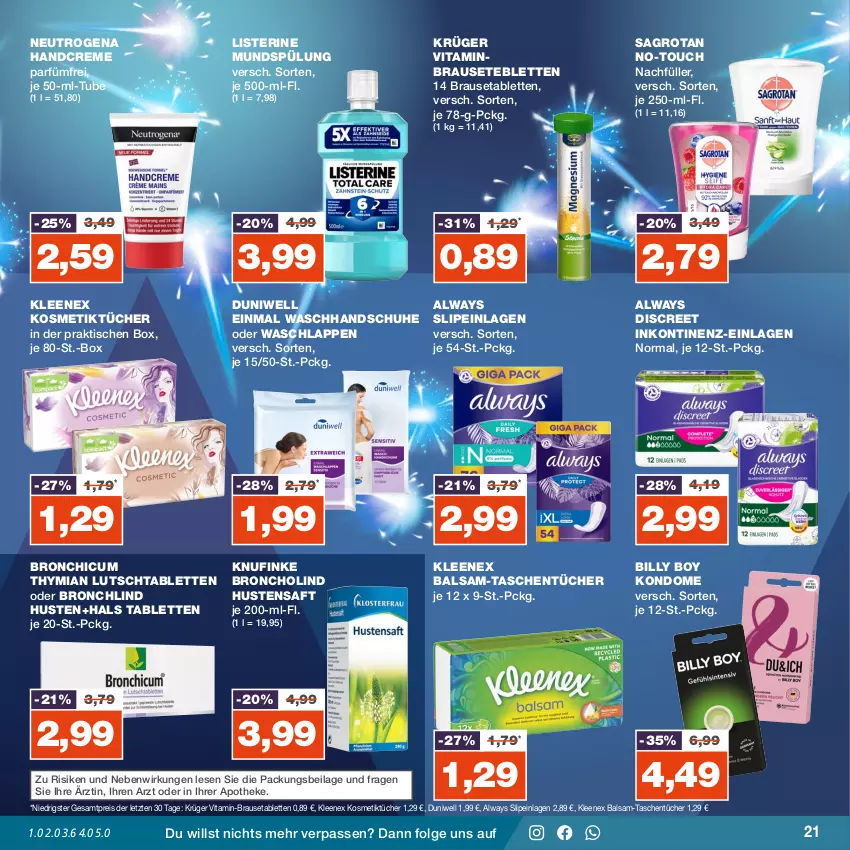 Aktueller Prospekt Real - von 25.12 bis 30.12.2023 - strona 21 - produkty: Alwa, Always, Apotheke, balsam, Billy Boy, brause, Brausetabletten, Bronchicum, creme, Discreet, duni, Duniwell, eis, handcreme, handschuhe, ilag, Kondome, kosmetik, Kosmetiktücher, krüger, LG, listerine, mundspülung, neutrogena, reis, saft, sagrotan, schuhe, slip, slipeinlagen, spülung, tablet, tablett, Tablette, Tasche, taschen, taschentücher, Ti, tisch, tücher, vita, waschhandschuh, waschlappen, ZTE