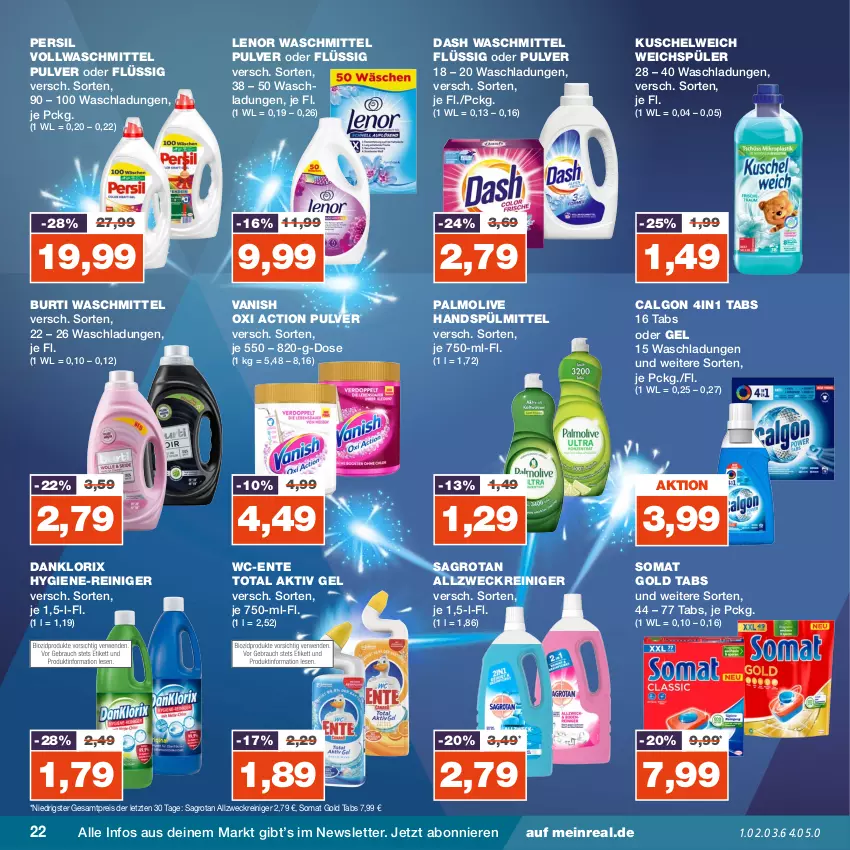 Aktueller Prospekt Real - von 25.12 bis 30.12.2023 - strona 22 - produkty: aktiv gel, allzweckreiniger, burti, calgon, danklorix, eis, ente, hygiene-reiniger, Kuschelweich, lenor, lenor waschmittel, LG, olive, oxi action, palmolive, persil, reiniger, reis, sagrotan, somat, spülmittel, Ti, vanish, vanish oxi action, vollwaschmittel, waschmittel, weck, weichspüler, ZTE