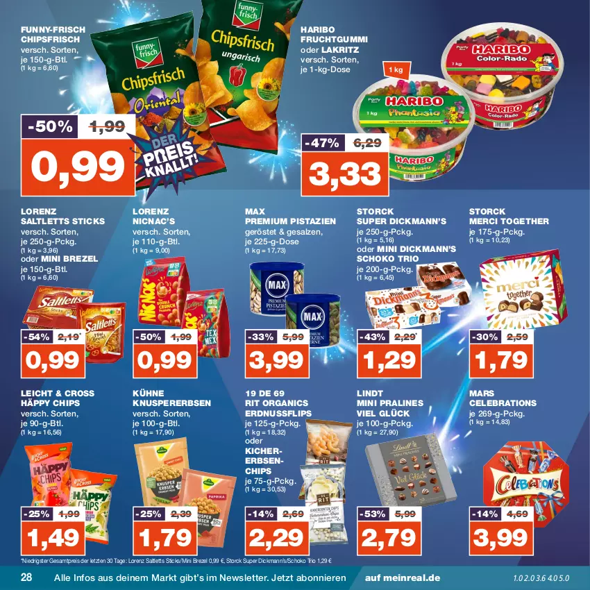 Aktueller Prospekt Real - von 25.12 bis 30.12.2023 - strona 28 - produkty: brezel, chips, chipsfrisch, eis, erbsen, erdnuss, frucht, fruchtgummi, funny-frisch, haribo, kichererbsen, Kühne, Lakritz, lindt, lorenz, mars, merci, nuss, oder lakritz, pistazien, reis, saltletts, salz, schoko, storck, Ti, ZTE