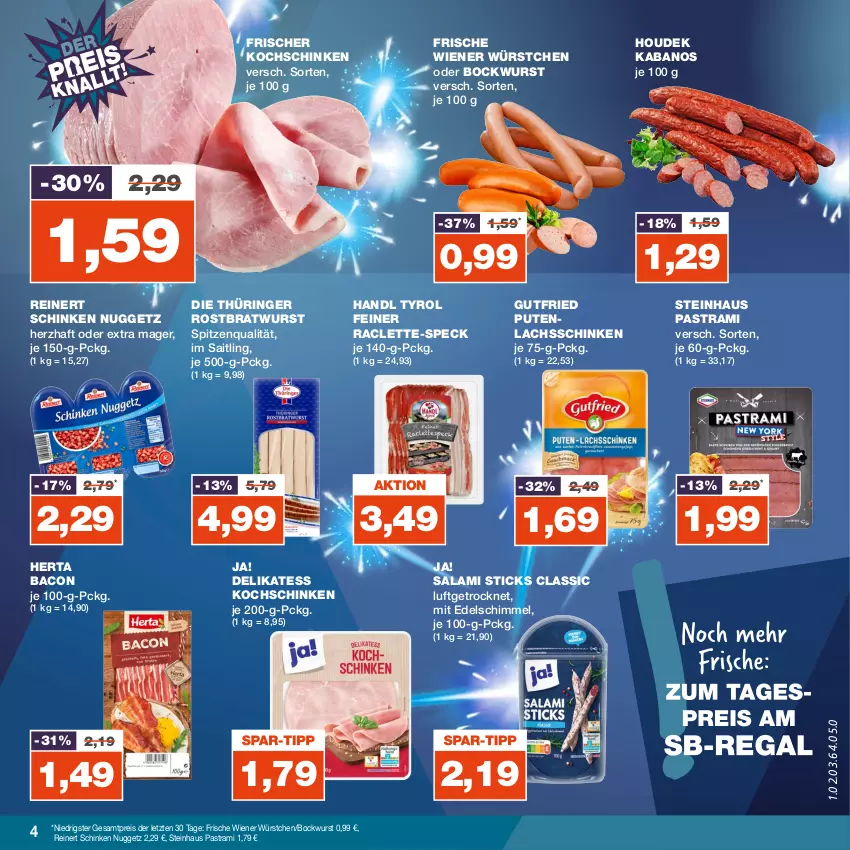 Aktueller Prospekt Real - von 25.12 bis 30.12.2023 - strona 4 - produkty: Astra, bacon, bockwurst, bratwurst, eis, gutfried, herta, houdek, kabanos, kochschinken, lachs, lachsschinken, pastrami, pute, reinert, reis, ring, rostbratwurst, salami, schinken, Speck, spitzenqualität, steinhaus, thüringer rostbratwurst, Ti, wiener, wiener würstchen, wurst, würstchen, ZTE