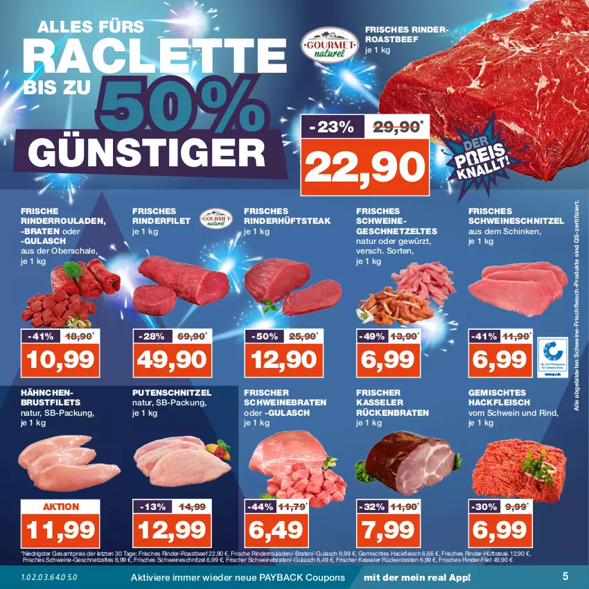 Aktueller Prospekt Real - von 25.12 bis 30.12.2023 - strona 5 - produkty: beef, braten, brustfilet, coupon, coupons, eis, filet, filets, fleisch, geschnetzeltes, gewürz, gulasch, hackfleisch, hähnchenbrust, hähnchenbrustfilet, hüftsteak, kasseler, natur, payback, pute, putenschnitzel, reis, rind, rinder, rinderfilet, Rinderroulade, rinderrouladen, roastbeef, rouladen, Rückenbraten, Schal, Schale, schinken, schnitzel, schwein, schwein und rind, schweine, schweinebraten, schweineschnitzel, steak, Ti, vom schwein und rind, wein, weine, Zelt, ZTE