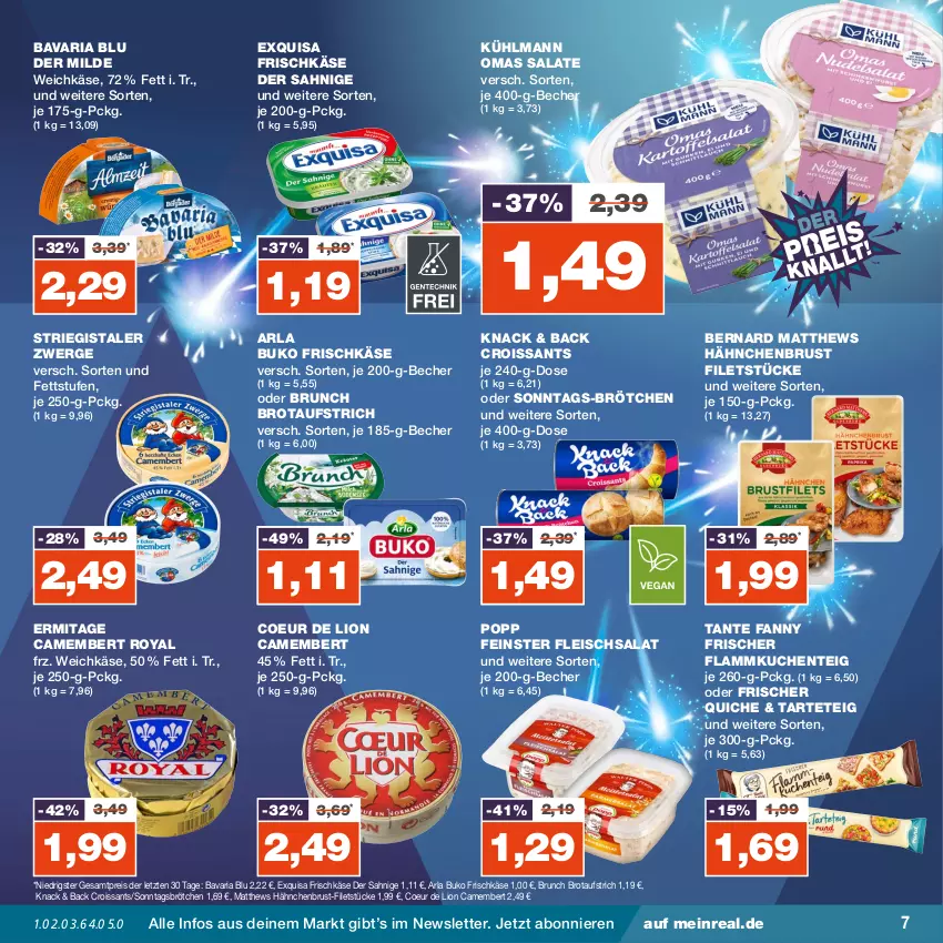 Aktueller Prospekt Real - von 25.12 bis 30.12.2023 - strona 7 - produkty: arla, arla buko, aufstrich, bavaria blu, Becher, brot, brotaufstrich, brötchen, Buko, camembert, Croissant, croissants, eis, ente, exquisa, exquisa frischkäse, filet, filets, flammkuchen, Flammkuchenteig, fleisch, fleischsalat, frischkäse, hähnchenbrust, Käse, kuchen, kühlmann, lamm, lion, Popp, Quiche, reis, Ria, salat, salate, Sonntagsbrötchen, tante fanny, weichkäse, ZTE