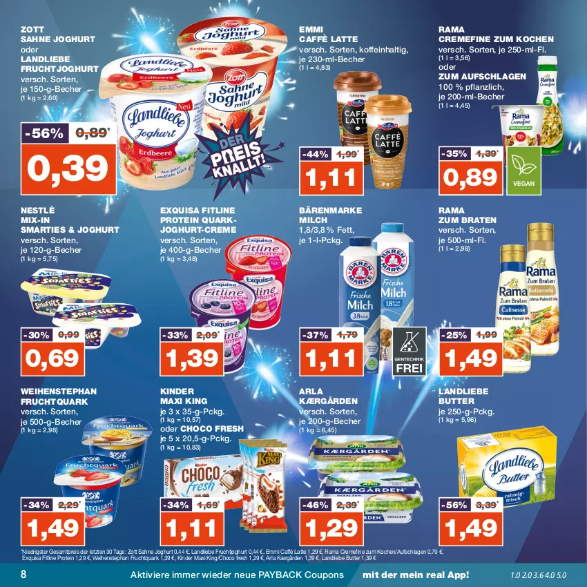 Aktueller Prospekt Real - von 25.12 bis 30.12.2023 - strona 8 - produkty: arla, bärenmarke, Becher, braten, butter, caffè latte, choco fresh, coupon, coupons, creme, eis, emmi, exquisa, fitline, frucht, fruchtjoghurt, Fruchtquark, joghur, joghurt, Kærgården, Kinder, Kinder Maxi, kinder maxi king, landliebe, latte, milch, payback, quark, rama, rama cremefine, reis, sahne, sahne joghurt, smarties, Ti, weihenstephan, zott, ZTE