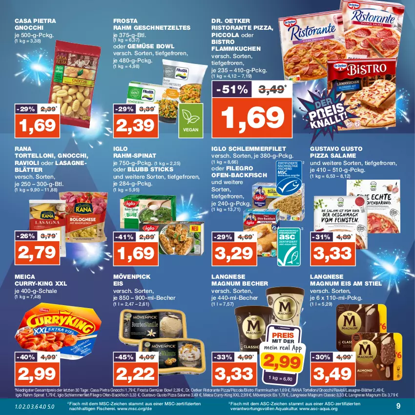 Aktueller Prospekt Real - von 25.12 bis 30.12.2023 - strona 9 - produkty: aqua, backfisch, Becher, cola, curry, Dr. Oetker, eis, filegro, filet, fisch, fische, Fischer, flammkuchen, frosta, geschnetzeltes, gnocchi, iglo, kuchen, lamm, langnese, lasagne, Lasagneblätter, magnum, meica, mövenpick, mövenpick eis, Ofen, ofen-backfisch, pizza, pizza salame, rahm-spinat, Rana, ravioli, reis, ristorante, ristorante pizza, Schal, Schale, Schere, schlemmerfilet, spinat, Ti, torte, tortelloni, Zelt, ZTE