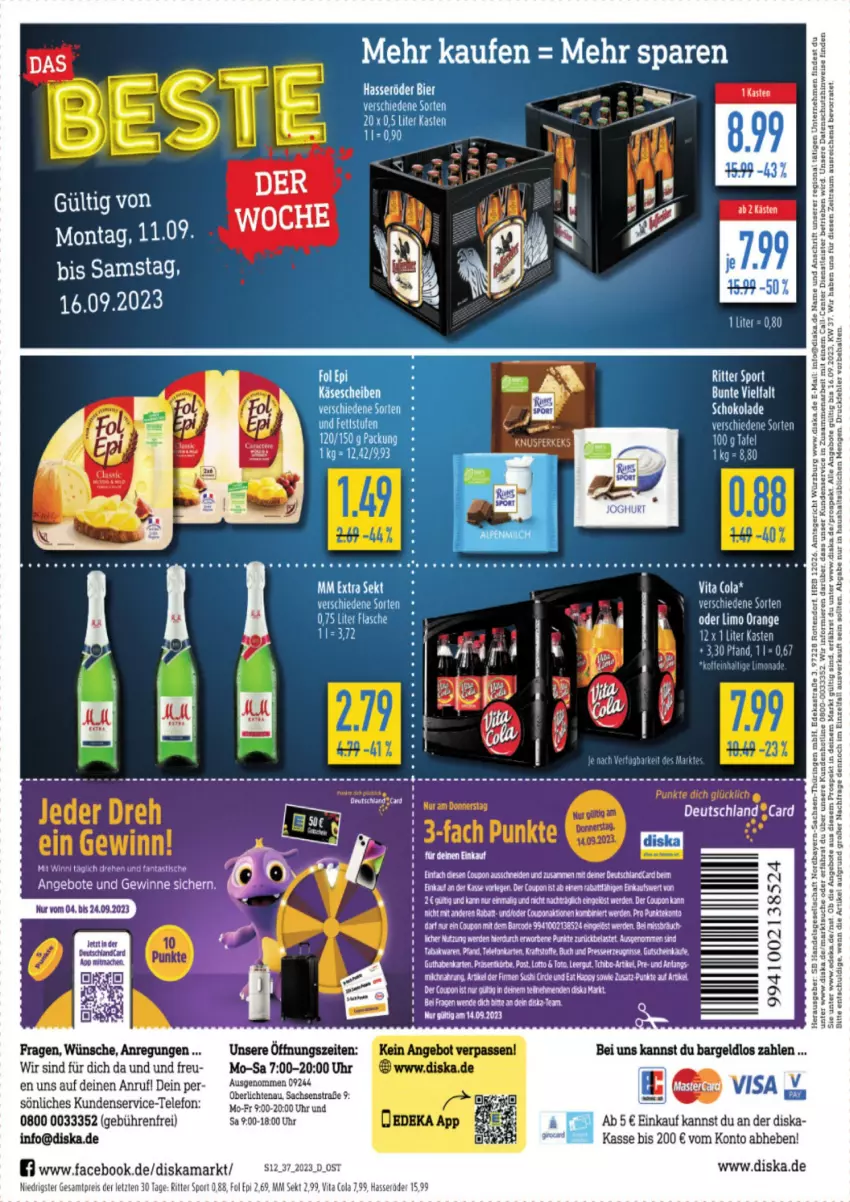 Aktueller Prospekt Diska - Prospekte - von 11.09 bis 16.09.2023 - strona 12 - produkty: angebot, angebote, asti, bier, cola, coupon, deka, eis, erde, fanta, flasche, fol epi, hasseröder, limo, mac, orange, reis, ritter, ritter sport, sac, schoko, schokolade, sekt, Sport, tee, telefon, Ti, tisch, uhr, usb, vita, Vita C, ZTE