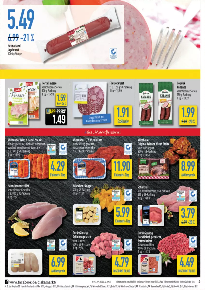 Aktueller Prospekt Diska - Prospekte - von 11.09 bis 16.09.2023 - strona 4 - produkty: aktionspreis, auer, Bau, Bauer, bier, bree, Brei, brustfilet, deka, discount, eis, filet, finesse, fleisch, gin, gulasch, hackfleisch, hähnchenbrust, hähnchenbrustfilet, Hendl, herta, herta finesse, houdek, jagdwurst, kabanos, nuggets, nuss, reis, Rotwurst, Schal, Schale, schinken, schnitzel, schwein, steak, steaks, tee, Ti, wein, wiener, wiesbauer, wiesenhof, wurst, ZTE