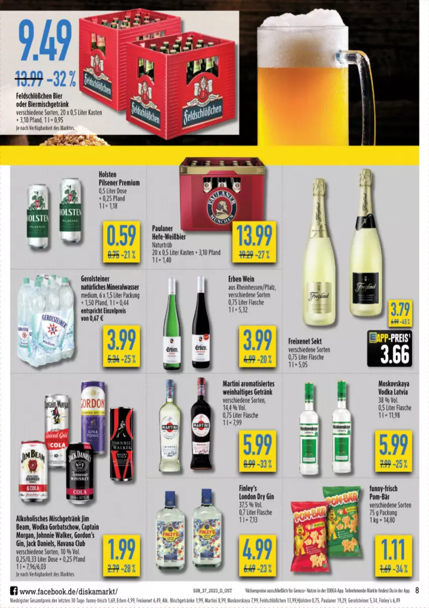 Aktueller Prospekt Diska - Prospekte - von 11.09 bis 16.09.2023 - strona 8 - produkty: alkohol, Alwa, bier, Cap, captain morgan, deka, dry gin, eis, flasche, freixenet, funny-frisch, gerolsteine, gerolsteiner, getränk, getränke, gin, Gorbatschow, gordon, Gordon’s, Hefe, holsten, holsten pilsener, jack daniel, jack daniels, jim beam, johnnie walker, london dry, london dry gin, martini, mineralwasser, moskovskaya, natur, natürliches mineralwasser, nuss, Paula, paulaner, pils, pilsener, pom-bär, reis, sekt, steiner, Ti, vodka, wasser, wein, wodka, ZTE