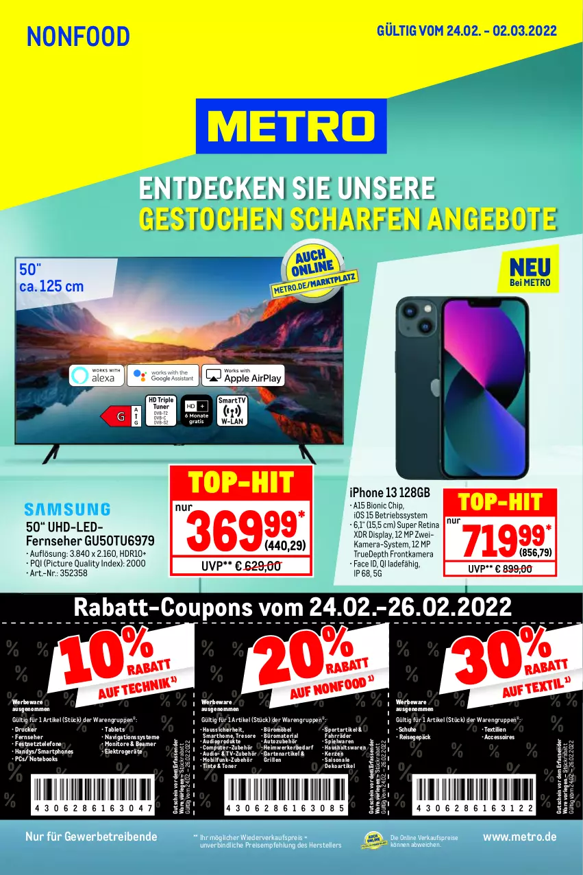 Aktueller Prospekt Metro - NonFood - von 24.02 bis 02.03.2022 - strona 1 - produkty: ACC, accessoires, angebot, angebote, auto, Autozubehör, Betriebssystem, bio, computer, coupon, coupons, decke, drucker, eis, Elektro, elektrogeräte, elle, fernseher, frontkamera, Garten, grill, gutschein, Handy, iphone, IPhone 13, kamera, kerze, Metro, möbel, monitor, Monitore, notebook, notebooks, pute, rabatt-coupon, reis, Ria, schuhe, smartphone, smartphones, spielwaren, Sport, tablet, Tablets, telefon, teller, Ti, Toner, top-hit, uhd, ZTE