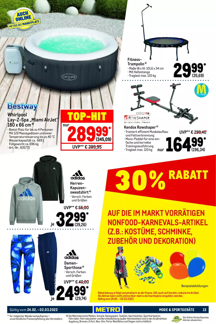 Aktueller Prospekt Metro - NonFood - von 24.02 bis 02.03.2022 - strona 13 - produkty: auto, Bau, beispielabbildung, dekoration, eis, elle, erde, Fahrrad, heimtextilien, hose, Kapuzensweatshirt, kleid, Kleidung, LG, Metro, Mode, pool, reis, schuhe, shirt, Sport, Sweatshirt, teller, Ti, tisch, Trampolin, wasser, Whirlpool