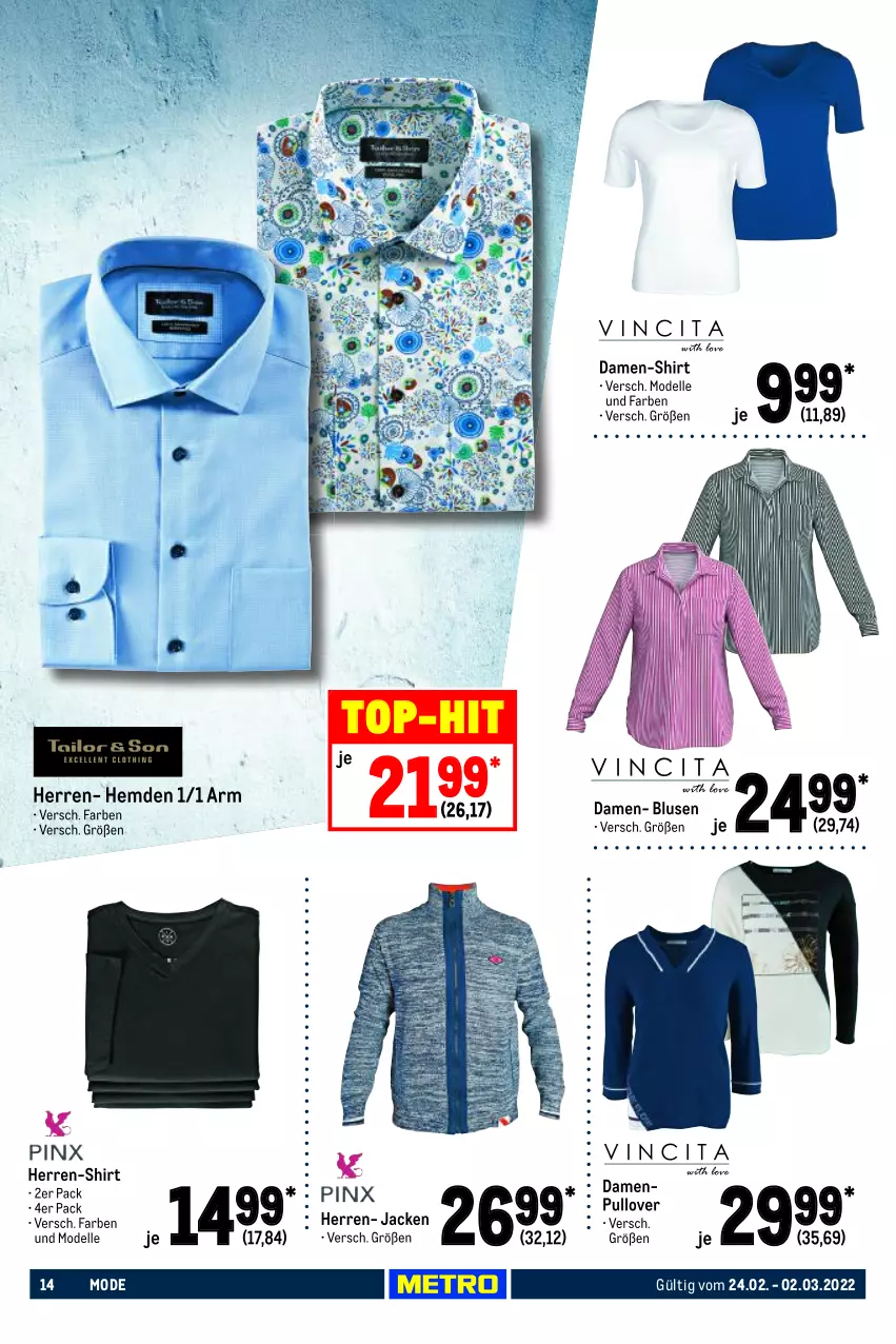 Aktueller Prospekt Metro - NonFood - von 24.02 bis 02.03.2022 - strona 14 - produkty: bluse, damen-shirt, dell, elle, hemd, hemden, herren-shirt, Jacke, Mode, Pullover, shirt, Ti, top-hit