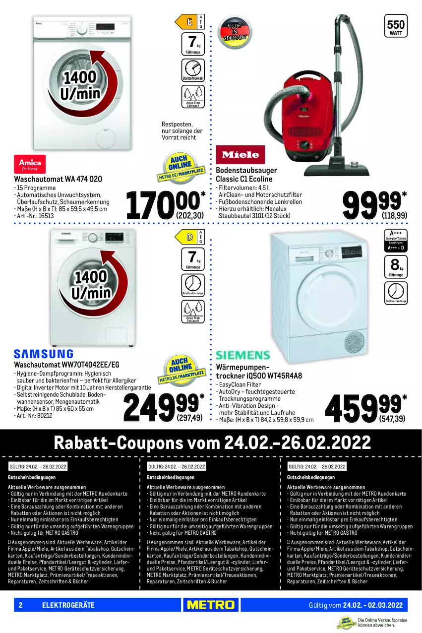 Aktueller Prospekt Metro - NonFood - von 24.02 bis 02.03.2022 - strona 2 - produkty: Apple, auto, beutel, bodenstaubsauger, coupon, coupons, eis, Elektro, elektrogeräte, elle, gutschein, menalux, Metro, metro gastro, miele, rabatt-coupon, reis, staubbeutel, staubsauger, teller, Ti, tisch, Trockner, Wanne, wärmepumpentrockner