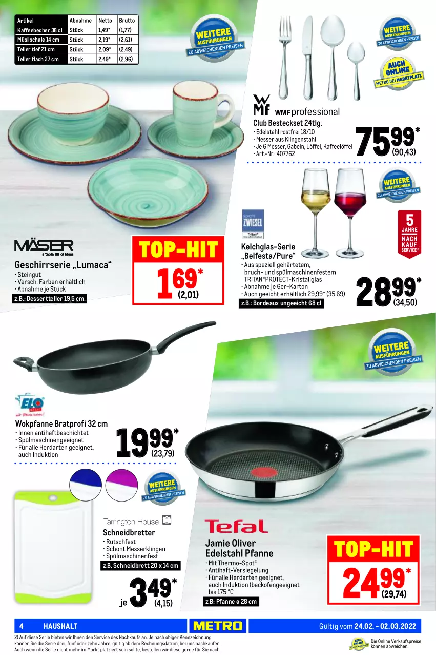 Aktueller Prospekt Metro - NonFood - von 24.02 bis 02.03.2022 - strona 4 - produkty: backofen, Becher, besteck, besteckset, brut, dessert, Dessertteller, edelstahl, elle, gabel, geschirr, Geschirrserie, herdarten, kaffee, kaffeebecher, LG, Löffel, mac, messer, müsli, Müslischale, Ofen, olive, pfanne, Schal, Schale, Spezi, spülmaschinen, teller, Ti, top-hit, wok