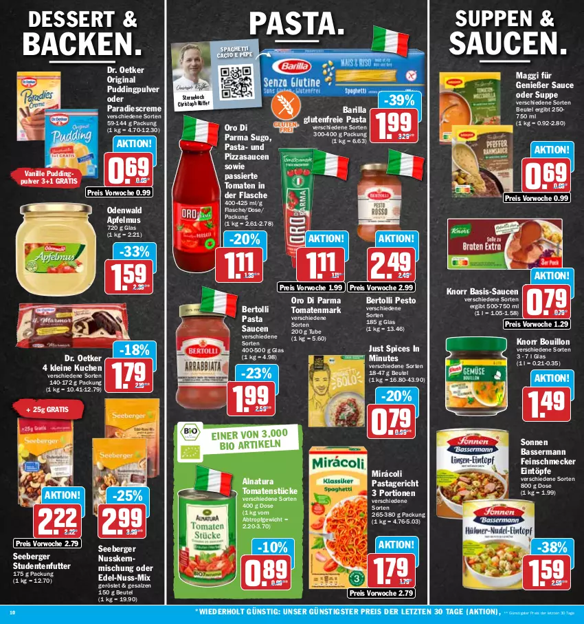 Aktueller Prospekt Hit - Prospekte - von 05.06 bis 10.06.2023 - strona 10 - produkty: apfel, apfelmus, barilla, Berger, bertolli, beutel, bio, creme, dessert, Dr. Oetker, eintöpfe, eis, ente, feinschmecker, flasche, gin, knorr, kuchen, leine, maggi, Mirácoli, natur, natura, nuss, odenwald, oro di parma, pasta, Pasta Sauce, Pastagericht, pesto, pizza, pudding, reis, salz, sauce, saucen, seeberger, spaghetti, studentenfutter, Sugo, suppe, suppen, Ti, tomate, tomaten, tomatenmark, Tomatenstücke, vanille, ZTE