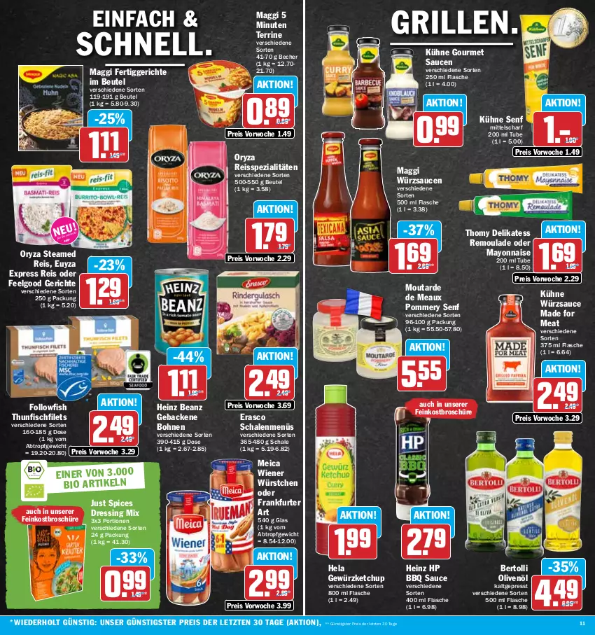 Aktueller Prospekt Hit - Prospekte - von 05.06 bis 10.06.2023 - strona 11 - produkty: beanz, Becher, bertolli, beutel, bio, bohne, bohnen, dressing, eis, erasco, feinkost, fertiggericht, fertiggerichte, filet, filets, fisch, flasche, followfish, frankfurter, geback, gewürz, gewürzketchup, grill, heinz, Hela, HP, ketchup, Kühne, kühne senf, LG, maggi, mayonnaise, meica, olive, oliven, olivenöl, oryza, reis, reiss, remoulade, sauce, saucen, Schal, Schale, senf, Spezi, terrine, thomy, thunfisch, Ti, wiener, wiener würstchen, würstchen, würzsauce, würzsaucen, Yo, ZTE