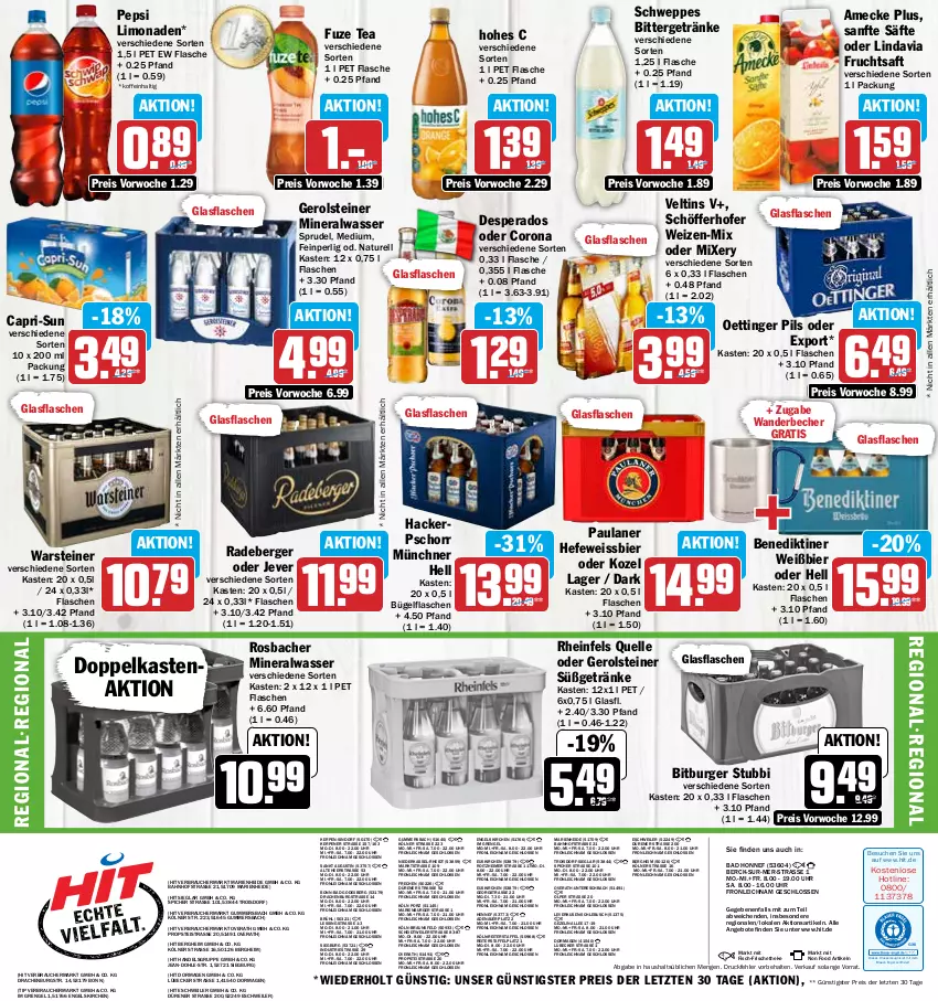 Aktueller Prospekt Hit - Prospekte - von 05.06 bis 10.06.2023 - strona 16 - produkty: Alwa, amecke, angebot, angebote, auer, Bad, Becher, Benediktiner, Berger, bier, bitburger, braun, bügel, bügelflasche, burger, Cap, capri-sun, corona, desperados, drucker, eimer, eis, elle, Engel, fisch, flasche, frucht, fruchtsaft, fuze tea, gerolsteine, gerolsteiner, getränk, getränke, glasflasche, Hefe, Hohes C, jever, kerze, Kozel, limo, limonade, limonaden, Lübecker, mineralwasser, Mixer, mixery, natur, oettinger, Paula, paulaner, pepsi, pils, radeberger, Rauch, reis, rel, rheinfels quelle, saft, säfte, schöfferhofer, schweppes, Sprudel, steiner, Ti, uhr, veltins, warsteiner, wasser, weissbier, ZTE