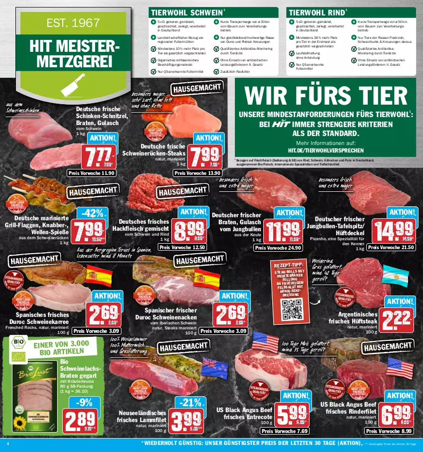 Aktueller Prospekt Hit - Prospekte - von 05.06 bis 10.06.2023 - strona 4 - produkty: auer, Bau, Bauer, beef, bio, braten, decke, Deckel, dressing, eis, elle, feldsalat, filet, fleisch, frucht, Geflügel, grill, gulasch, hackfleisch, hackfleisch gemischt, honig, Honig-Senf, hüftsteak, jungbullen, Kette, kräuter, lachs, Lachsbraten, lack, lamm, mais, Meister, milch, monitor, natur, pute, reis, Ria, rind, rinder, rinderfilet, ring, salat, schinken, schnitzel, schwein, schwein und rind, schweine, Schweinelachs, schweinenacken, schweinerücken, senf, Spezi, Sport, steak, steaks, tafelspitz, Ti, Tiere, tisch, vom schwein und rind, wein, weine, ZTE