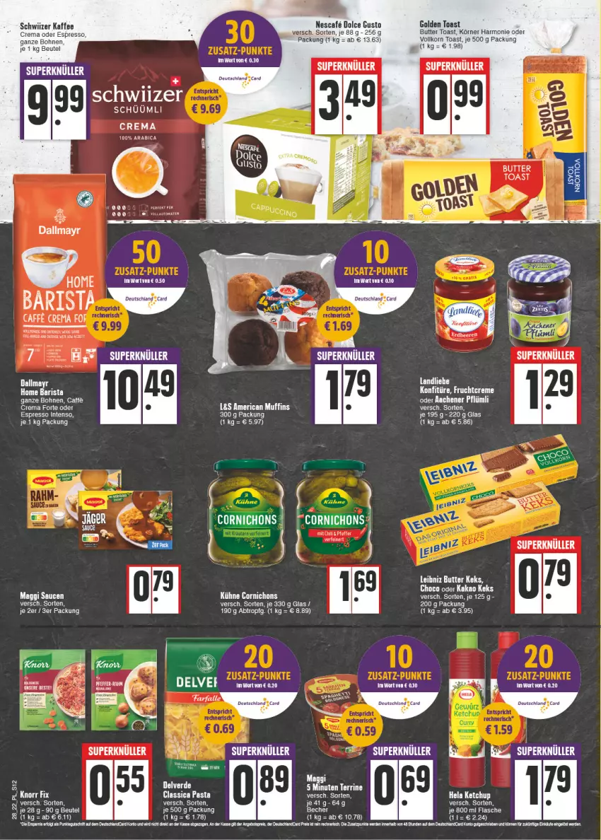 Aktueller Prospekt E Center - Angebote der Woche - von 11.07 bis 16.07.2022 - strona 12 - produkty: beere, beeren, beutel, bohne, bohnen, butter, caffe, deutschlandcard, dolce gusto, eis, erde, espresso, flasche, frucht, golden toast, intenso, kaffee, kakao, keks, konfitüre, korn, Kühne, landliebe, maggi, Muffin, muffins, nescafe, oder espresso, pasta, reis, salz, sauce, saucen, terrine, Ti, toast