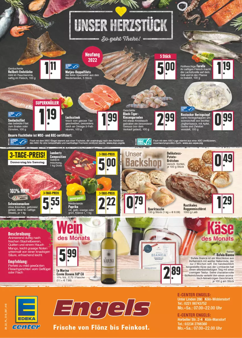 Aktueller Prospekt E Center - Angebote der Woche - von 11.07 bis 16.07.2022 - strona 16 - produkty: Amber, apfel, aqua, braten, brötchen, eis, elle, feinkost, filet, filets, fisch, fische, Fischer, fischtheke, flasche, fleisch, forelle, garnelen, Geflügel, grill, gurke, hering, Herings, Heringshappen, joghur, joghurt, Käse, knoblauch, lachs, lack, lambertz, mac, mango, matjes, milch, natur, nuss, omega, Omega-3, orange, pfanne, quark, Rauch, rel, riesengarnelen, rind, ring, Rostocker, saft, sauce, Schere, schnitten, schwein, schweine, schweinenacken, Spezi, steak, Tasche, tee, Ti, tisch, topf, uhr, weichkäse, wein, weine, zwiebel