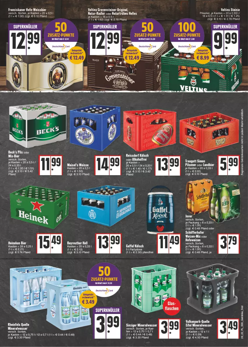 Aktueller Prospekt E Center - Angebote der Woche - von 11.07 bis 16.07.2022 - strona 9 - produkty: Alwa, bier, deutschland card, eis, elle, franziskaner, getränk, getränke, gin, grevensteiner, Hefe, heineken, kerze, mais, mineralwasser, natur, pils, pilsener, radler, reis, reiss, rheinfels quelle, sim, ssd, steiner, tee, Ti, veltins, wasser, weissbier